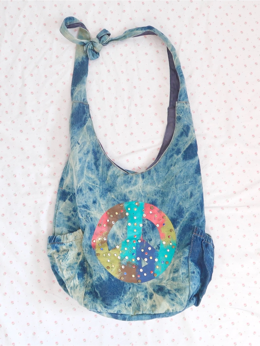 Y2K Denim Shoulder Bag Rhinestone Peace Sign Blue